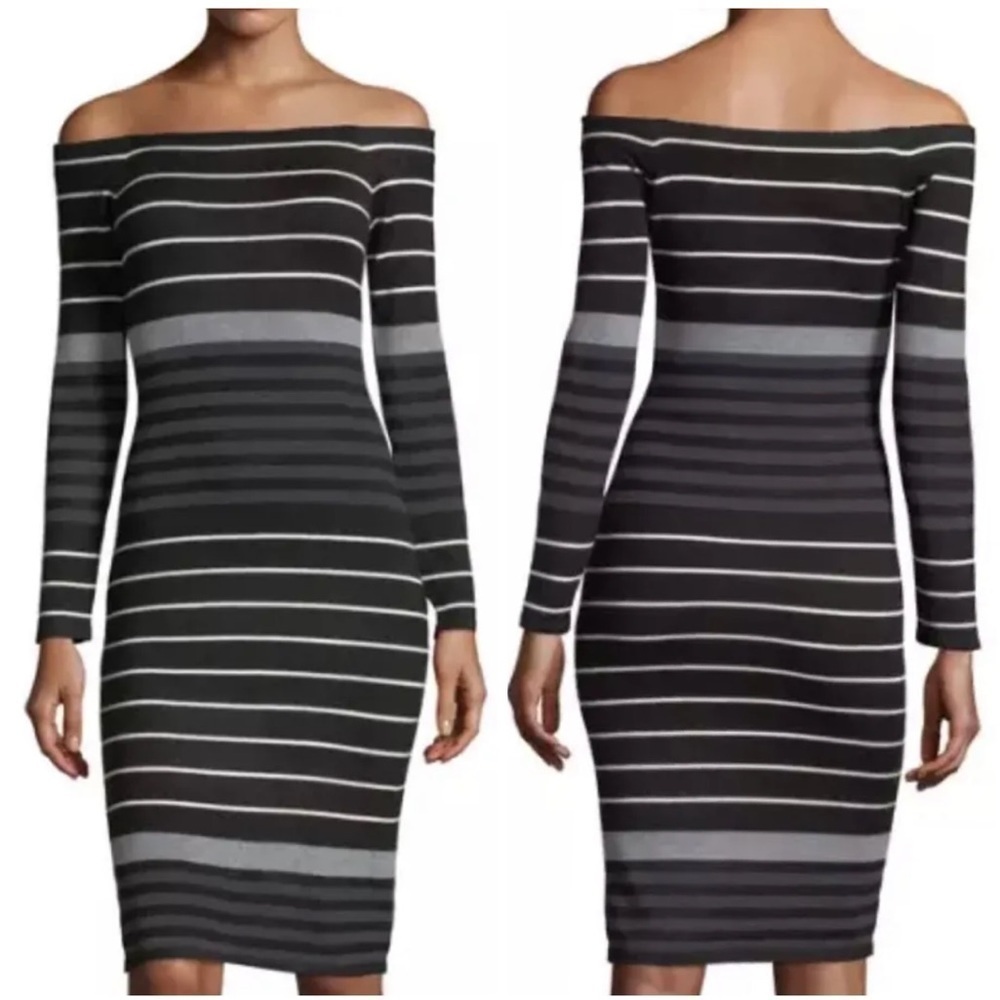ELIZA J Off The Shoulder Stretch Knit Dress In Black Charcoal Stripe NEW
